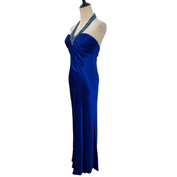 Y2K cache royal blue silk dress turquoise beaded halter gown sz 2 prom boho - Picture 5 of 13